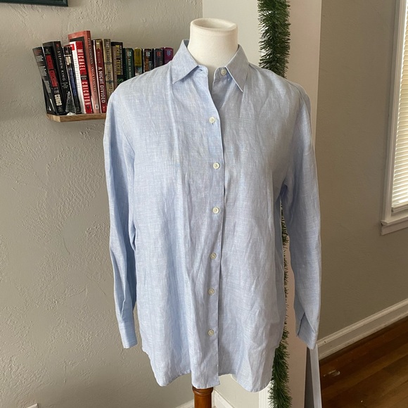 liz sport Tops - Vtg Y2K Liz Sport Blue 100% Linen Boyfriend Style Oversized Button Down Top Sz S